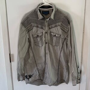 Roar grey distressed long sleeve button down shirt with black stitching Size XXL